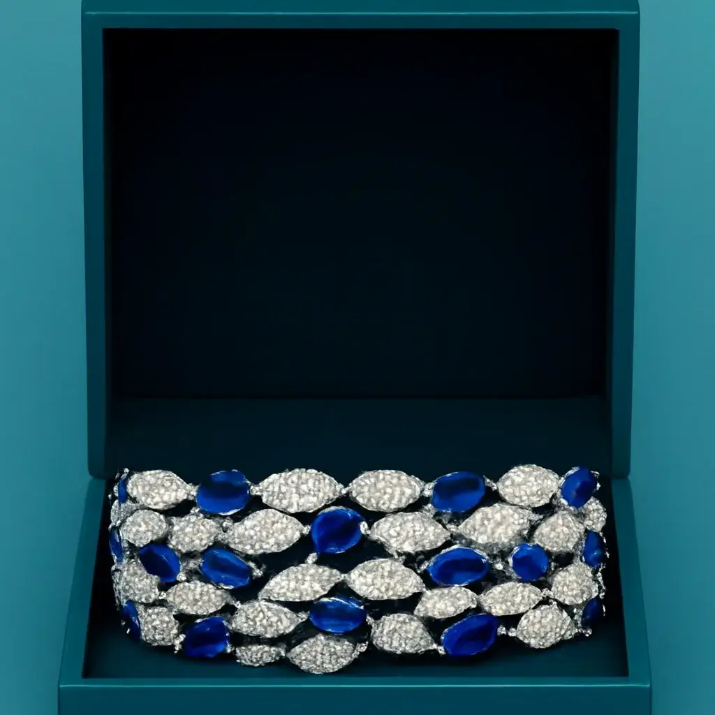 Elegant White-Gold Plated Marquise Stone Bangle White-gold plated Sapphire Dreamleaf CZ Bracelet for Women featuring marquise blue stones and pave CZ leaf motifs by Risha Fine Jewels.