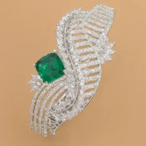 Luxury emerald-green CZ statement bracelet with intricate white-gold finished lattice design and marquise stones – Risha Fine Jewels premium bridal and festive bangle.