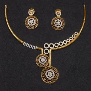 Gold-plated filigree CZ necklace and earrings set with circular motifs displayed on a white background – Eternal Oro Circles Collection by Risha Fine Jewels.
