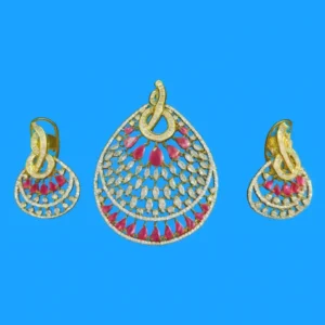 Festive Ruby Glow CZ Teardrop Pendant Set with Earrings in Gold-Plated Finish featuring ruby-pink stones and intricate design – Risha Fine Jewels bridal and festive jewellery.