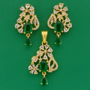 Emerald Green CZ Stone Gold-Plated Pendant Set for Women – Designer Pendant with Matching Earrings Featuring Square Emerald Centerpieces, Teardrop Green Stones, and Floral CZ Accents by Risha Fine Jewels.