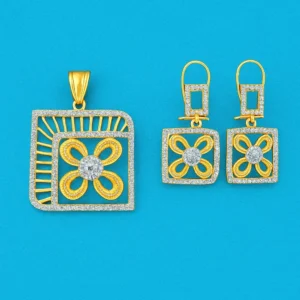 Gold-Plated Square Floral CZ Diamond Pendant Set for Women – Designer Necklace Pendant with Matching Earrings Featuring a Dual-Tone Finish, Floral Motif, and Sparkling CZ Accents by Risha Fine Jewels.