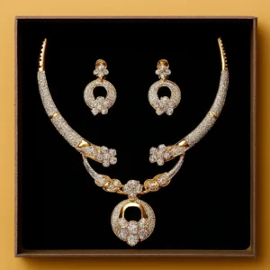 Gold-toned CZ floral necklace set with circular pendant and matching earrings displayed on black background – Risha Fine Jewels designer jewelry.