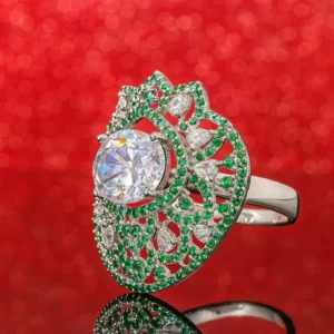 Grand Floral Filigree Emerald CZ Statement Ring for Women – White-Gold Finished Designer Ring Featuring a Large Round Center Stone, Green CZ Accents, and Intricate Filigree Detailing by Risha Fine Jewels.
