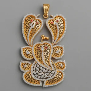 Luxury Gold-Plated Lord Ganesha Pendant for Men & Women – Designer CZ Diamond Pendant Featuring Intricate Filigree Work, Ruby Accents, and Elegant Curved Motifs by Risha Fine Jewels.