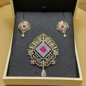 Ruby Pink Luxe CZ Pendant Set with Matching Earrings – Gold-Plated Designer Jewelry Featuring a Square Ruby Centerpiece, Sparkling CZ Diamonds, Floral Detailing & Teardrop Accent by Risha Fine Jewels.
