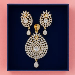 Gold-Plated Teardrop CZ Bridal Pendant Set for Women – Designer Necklace Pendant with Matching Earrings Featuring Pear-Shaped CZ Stones, Layered Halo Design & Floral Detailing by Risha Fine Jewels.