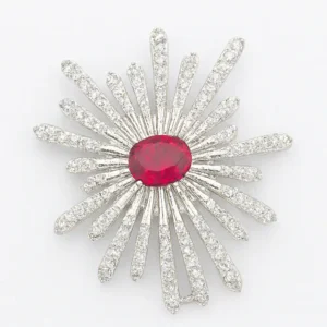 Close-up image of a Sparkling Sunray Ruby-CZ Designer Statement Ring for Women by Risha Fine Jewels, featuring an oval ruby-red center stone with radiating CZ-studded sunburst spokes, held against a natural green leaf background.