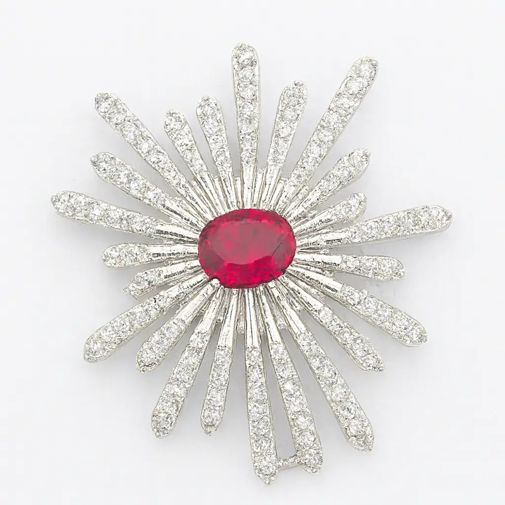 Sparkling Sunray Ruby-CZ Designer Statement Ring Close-up image of a Sparkling Sunray Ruby-CZ Designer Statement Ring for Women by Risha Fine Jewels, featuring an oval ruby-red center stone with radiating CZ-studded sunburst spokes, held against a natural green leaf background.
