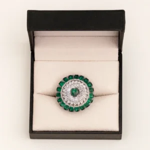 Timeless Emerald CZ Radiant Halo Ring for Women – Elegant White-Gold Finished Designer Ring Featuring a Central Emerald Stone Surrounded by Sparkling CZ Diamonds, Presented in a Luxury Jewelry Box by Risha Fine Jewels.