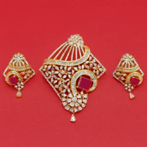 Timeless ruby-pink square stone CZ pendant set with matching earrings, gold-plated floral and fan design jewelry displayed on a black background – Risha Fine Jewels.