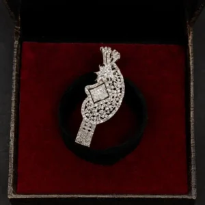 White-Gold Plated Bow Charm Oval Halo CZ Statement Ring with princess-cut center stone displayed in a luxury jewellery box by Risha Fine Jewels.