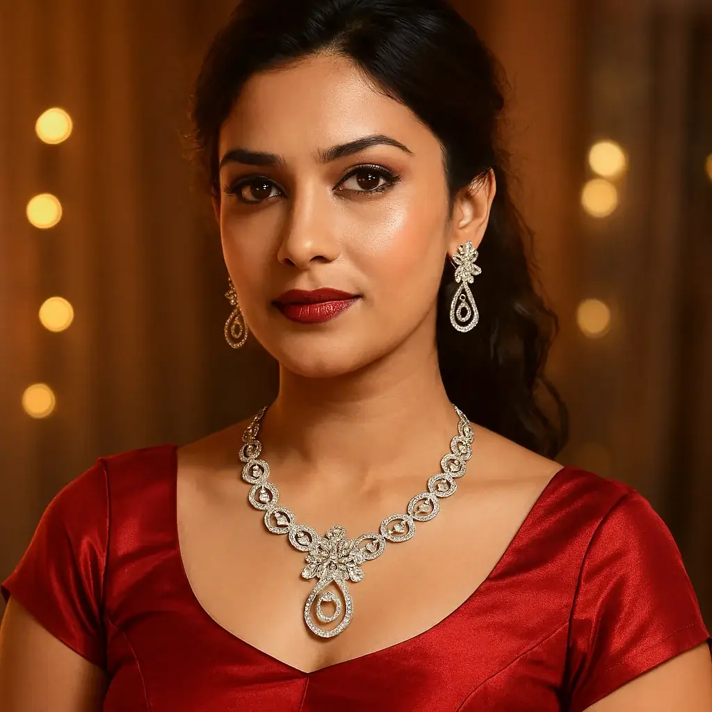 American Diamond Swirl Floral Necklace & Earrings Set - Image 3