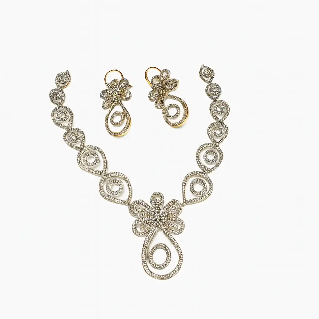 American Diamond Swirl Floral Necklace & Earrings Set