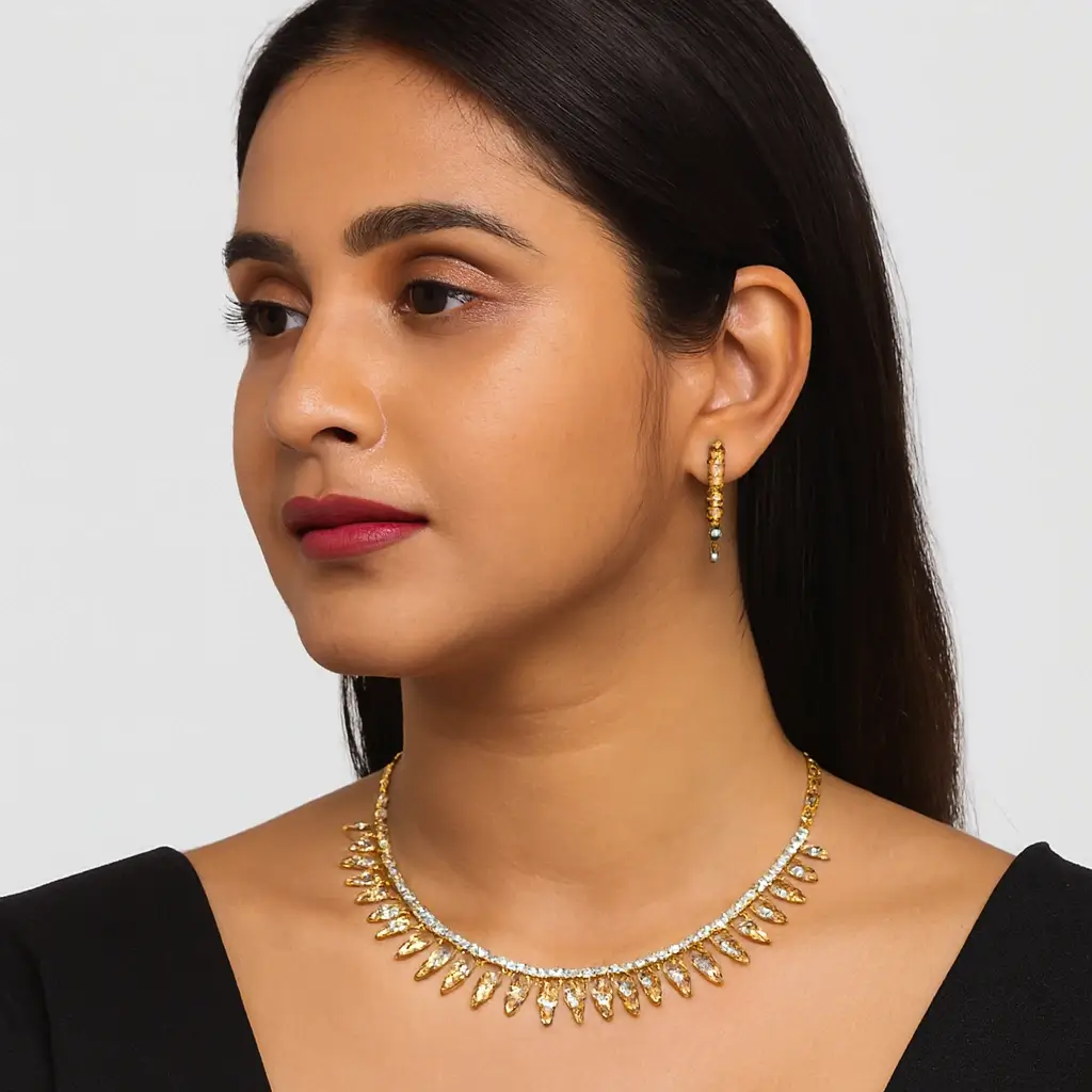 Classic Gold-Finish Choker Necklace Set with Sparkling Tear Drop Stones - Image 3