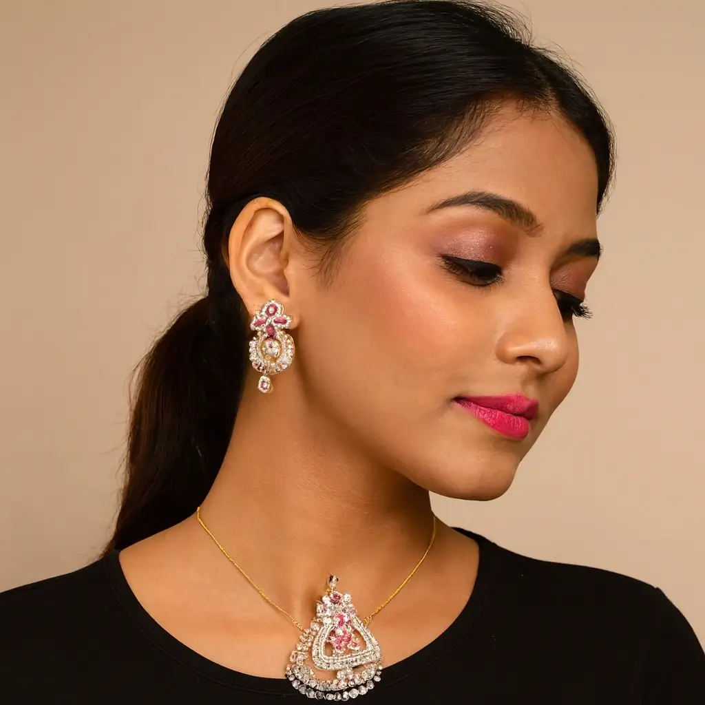Designer Bridal Pendant Earring Set with Pink Stones & CZ Diamonds - Image 3