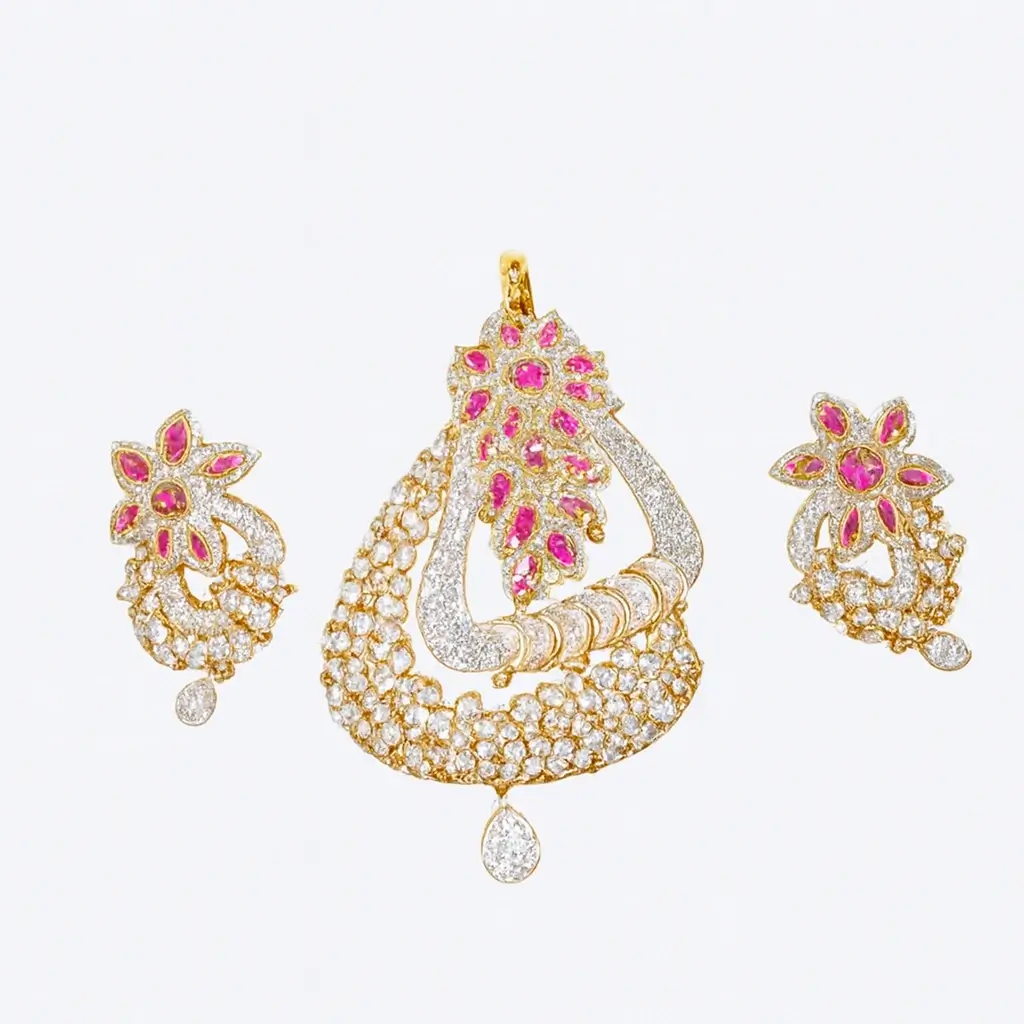 Designer Bridal Pendant Earring Set with Pink Stones & CZ Diamonds