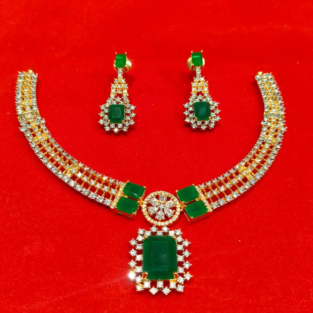 Designer Gold-Finish Necklace Set with Emerald-Cut Green Stone Pendant - Image 2