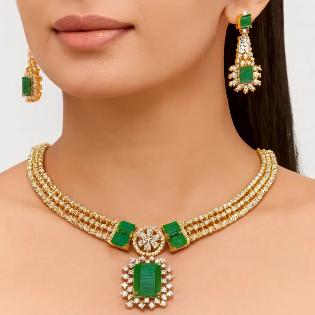 Designer Gold-Finish Necklace Set with Emerald-Cut Green Stone Pendant - Image 3