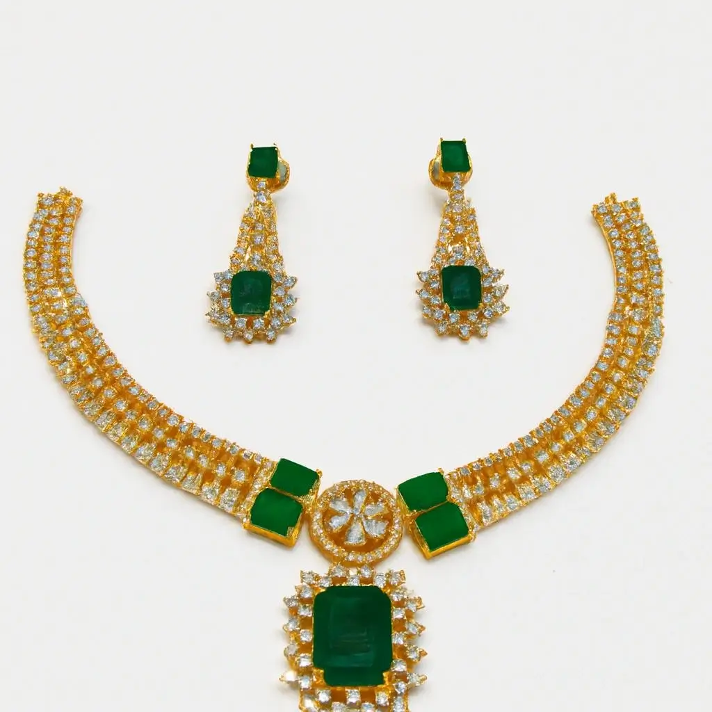 Designer Gold-Finish Necklace Set with Emerald-Cut Green Stone Pendant
