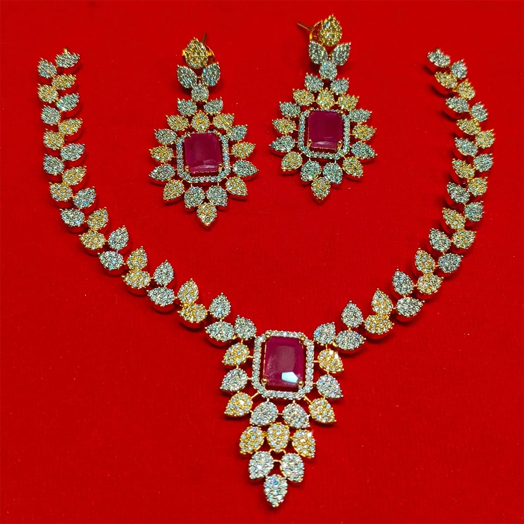 Designer Gold-Finish Necklace Set with Emerald-Cut Ruby Centerpiece - Image 2