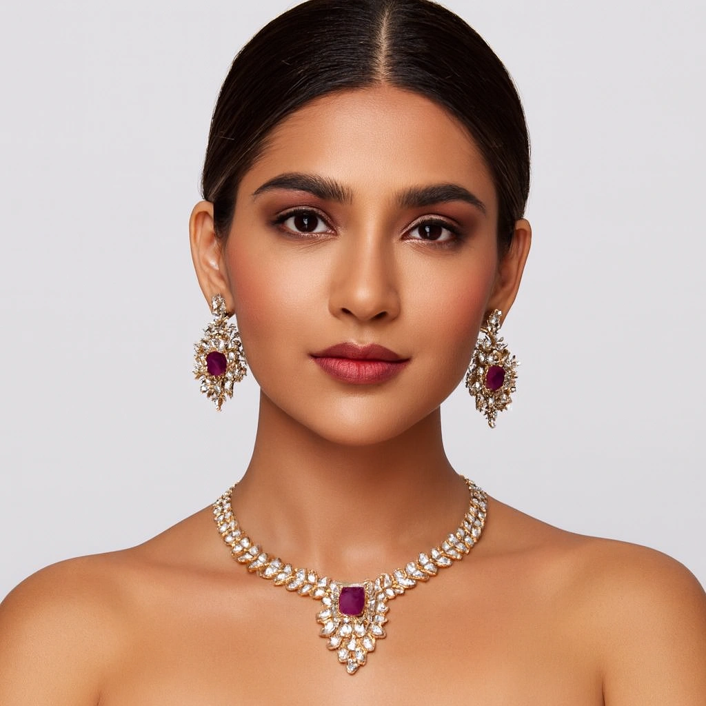 Designer Gold-Finish Necklace Set with Emerald-Cut Ruby Centerpiece - Image 3