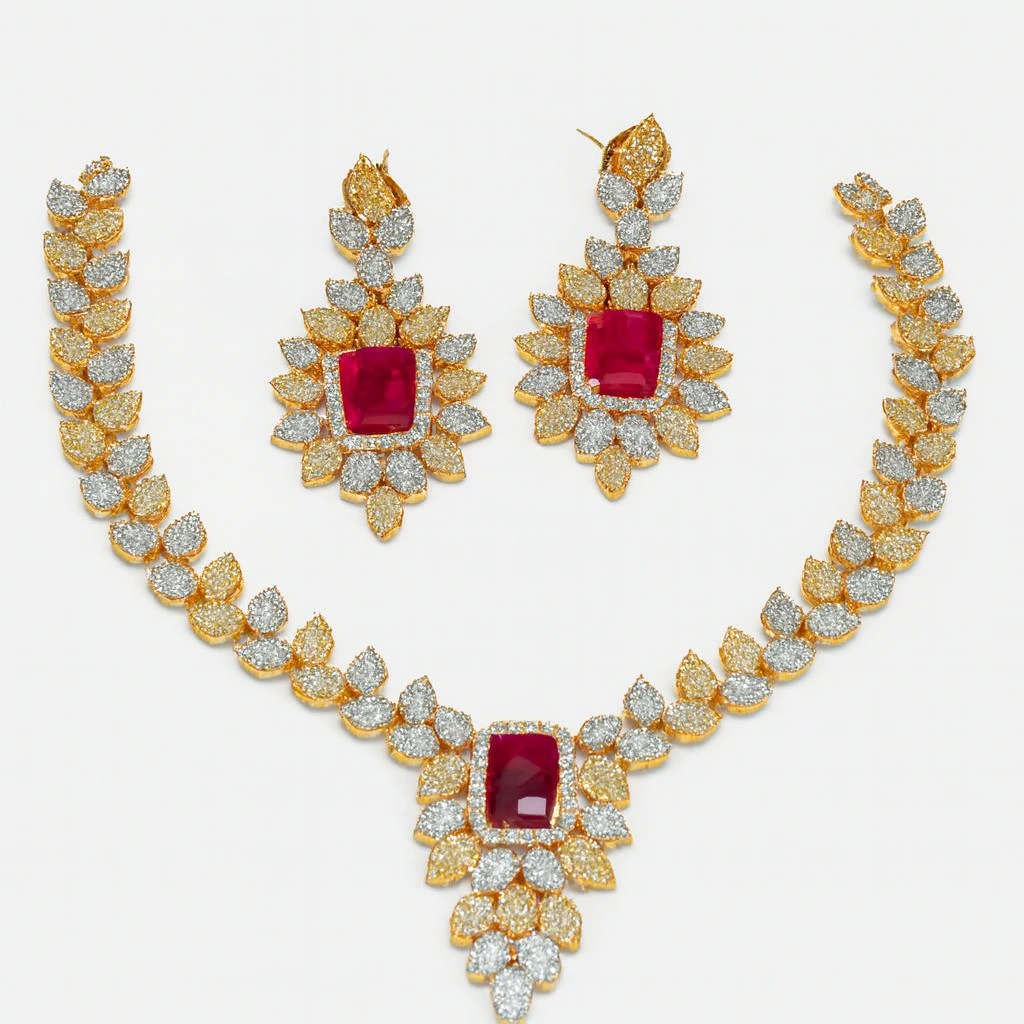 Designer Gold-Finish Necklace Set with Emerald-Cut Ruby Centerpiece