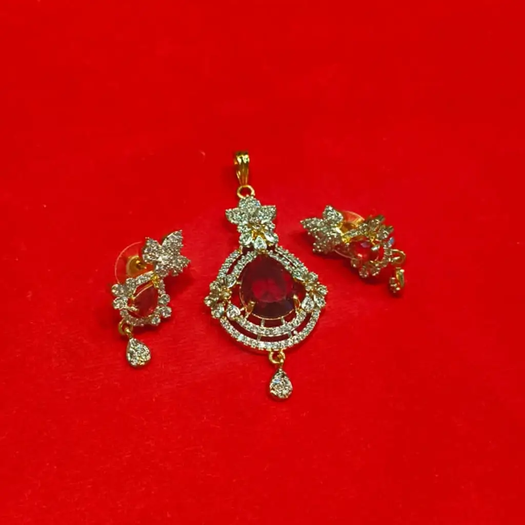 Designer Gold-Finish Pendant Set with Red Crystal & CZ Detailing - Image 2