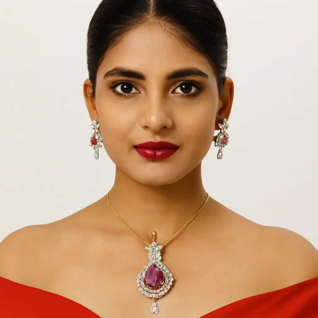 Designer Gold-Finish Pendant Set with Red Crystal & CZ Detailing - Image 3