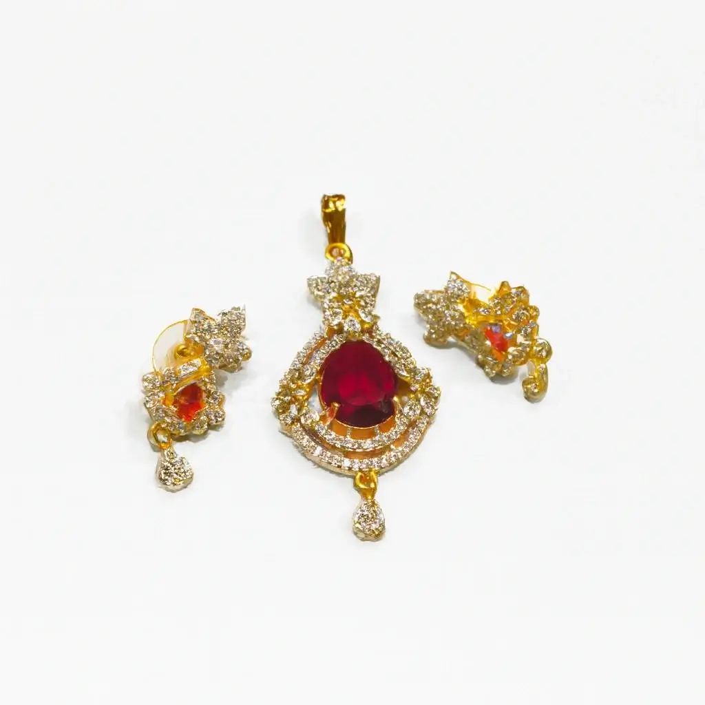Designer Gold-Finish Pendant Set with Red Crystal & CZ Detailing
