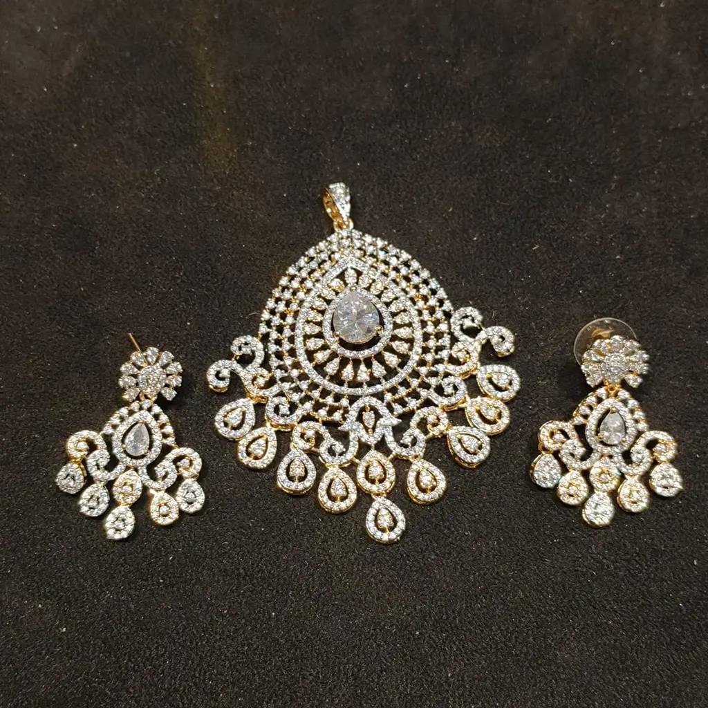 Designer Gold Plated Filigree Pendant Earring Set with CZ Diamonds - Image 2
