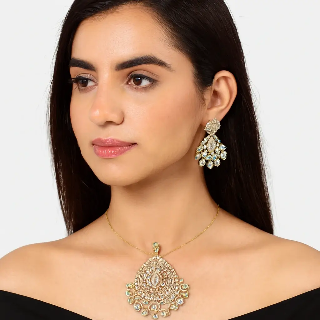 Designer Gold Plated Filigree Pendant Earring Set with CZ Diamonds - Image 3