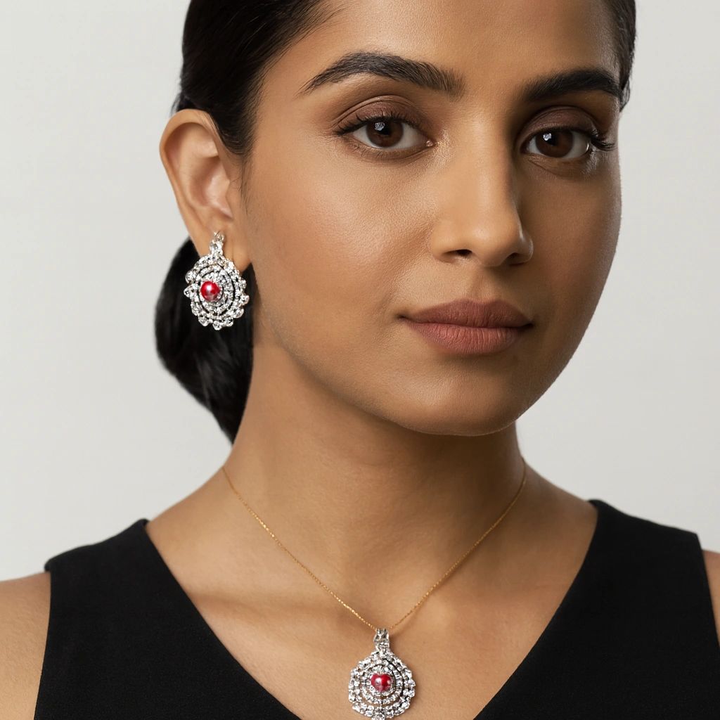 Designer Gold Plated Floral Pendant Earring Set with CZ Diamonds - Image 3