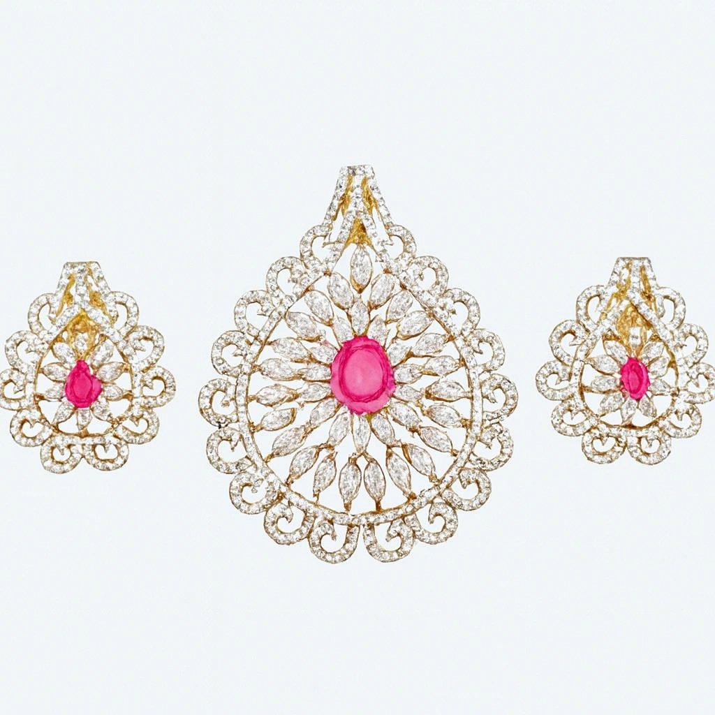 Designer Gold Plated Floral Pendant Earring Set with CZ Diamonds