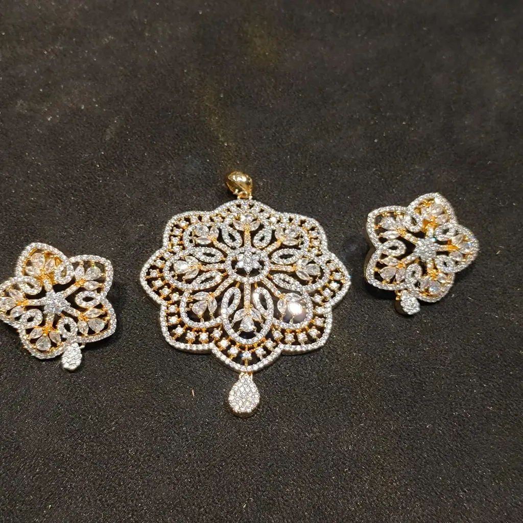 Designer Gold Plated Flower Pendant Earring Set with CZ Stones - Image 2