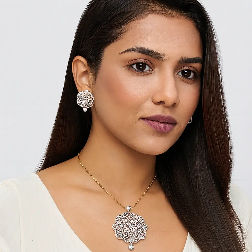 Designer Gold Plated Flower Pendant Earring Set with CZ Stones - Image 3