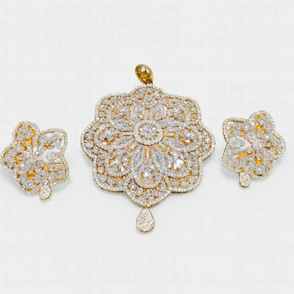 Designer Gold Plated Flower Pendant Earring Set with CZ Stones