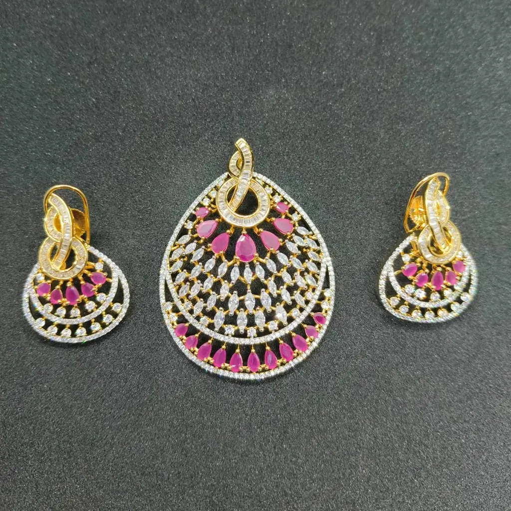 Designer Gold Plated Pendant Earring Set with Pink Teardrop Stones - Image 2