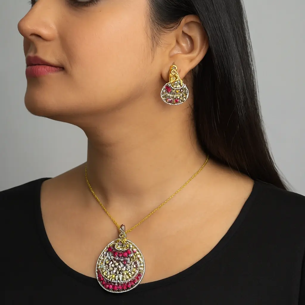 Designer Gold Plated Pendant Earring Set with Pink Teardrop Stones - Image 3