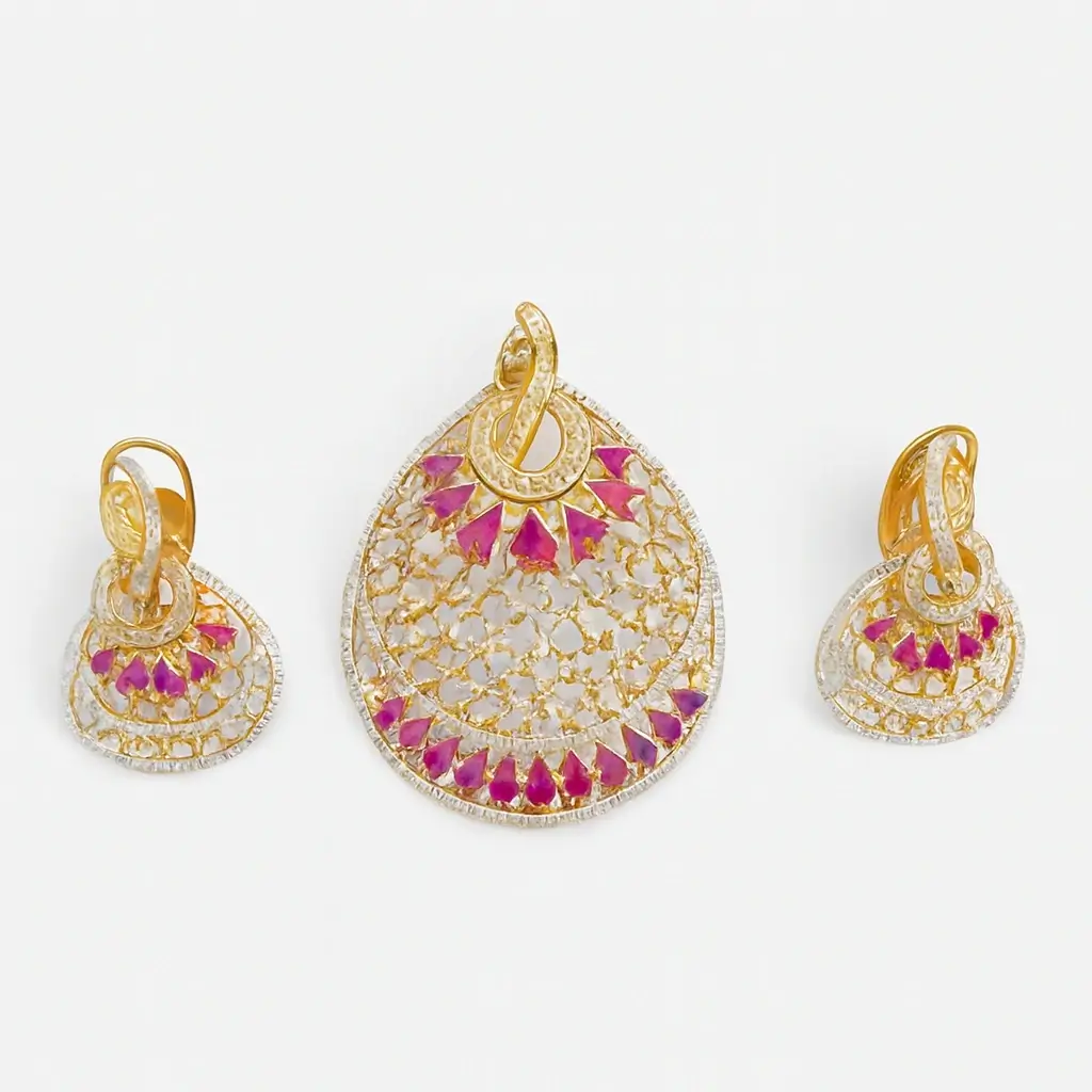 Designer Gold Plated Pendant Earring Set with Pink Teardrop Stones