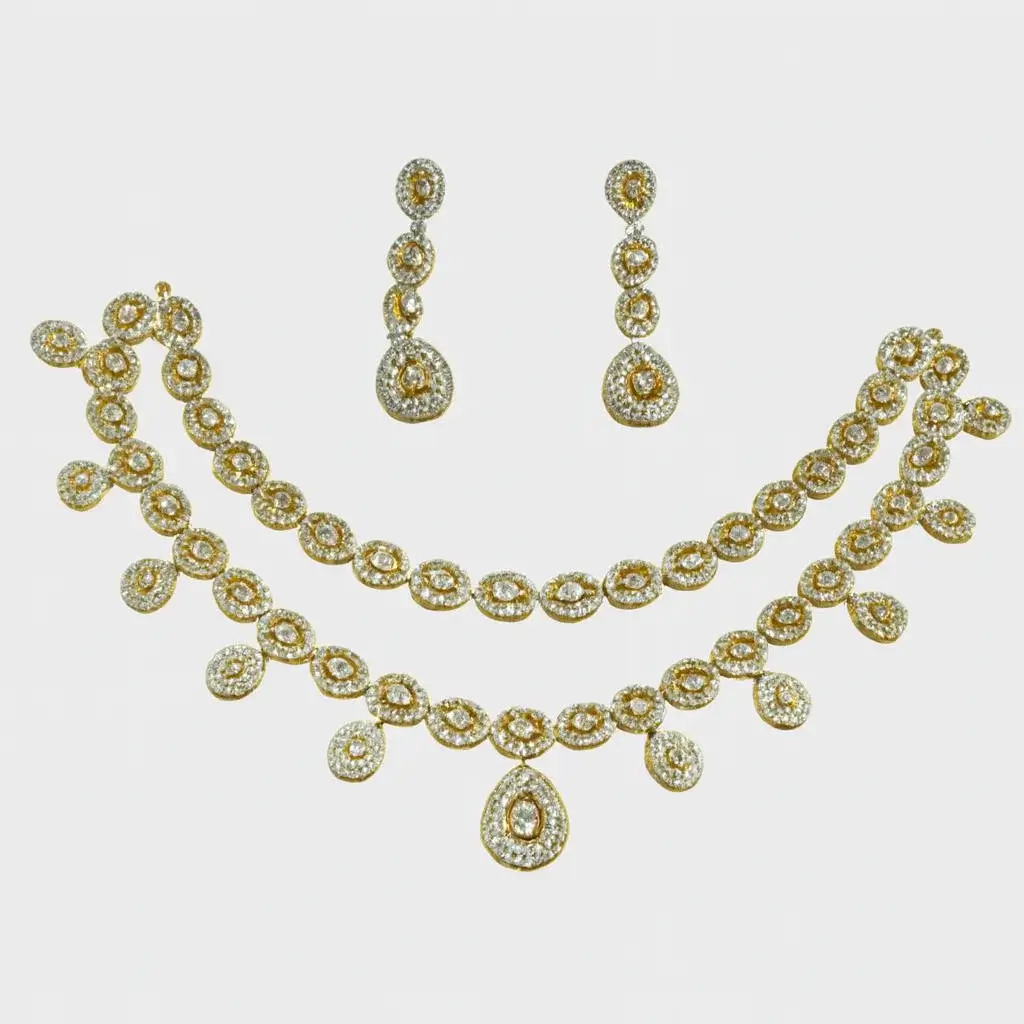 Eardrop Necklace & Earring Set (Gold-toned, American Diamond style) - Image 2