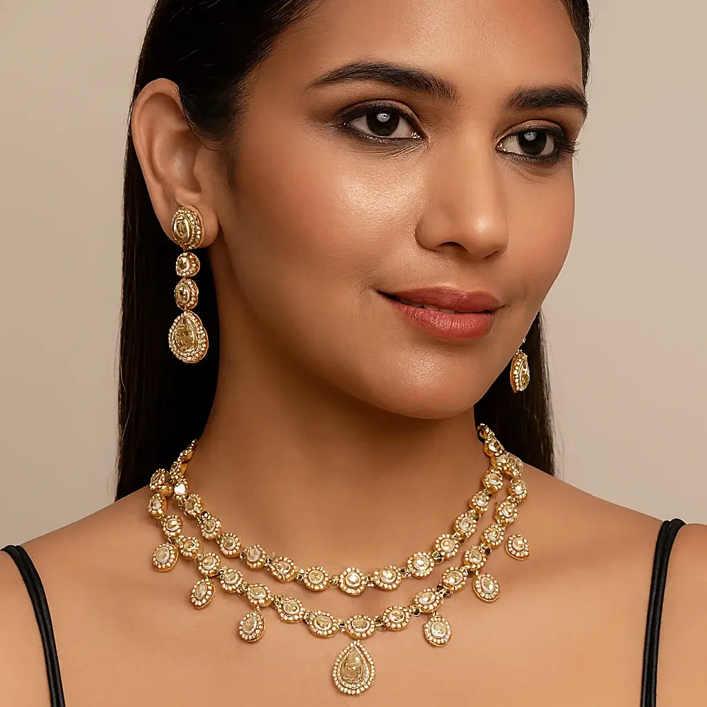 Eardrop Necklace & Earring Set (Gold-toned, American Diamond style) - Image 3