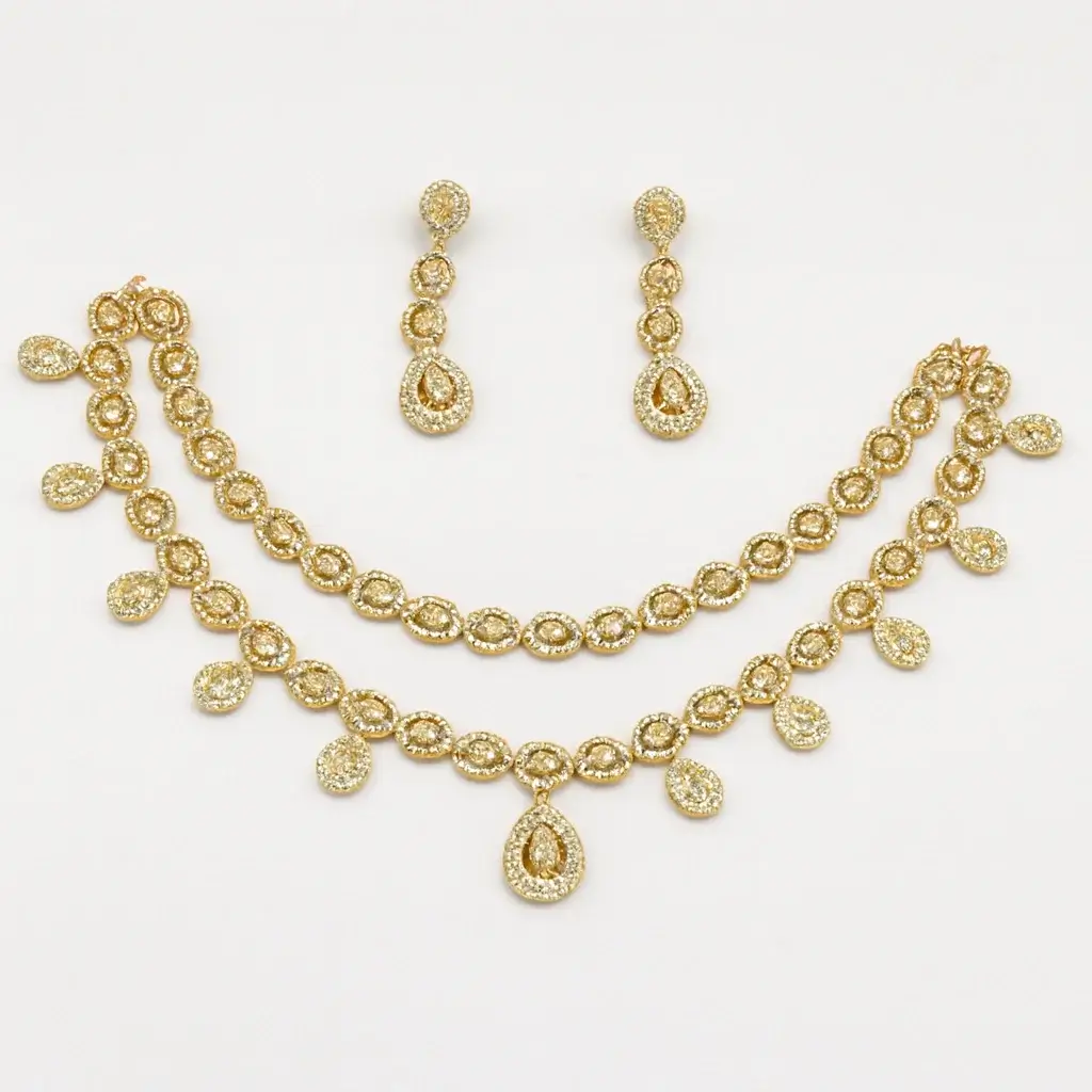 Eardrop Necklace & Earring Set (Gold-toned, American Diamond style)