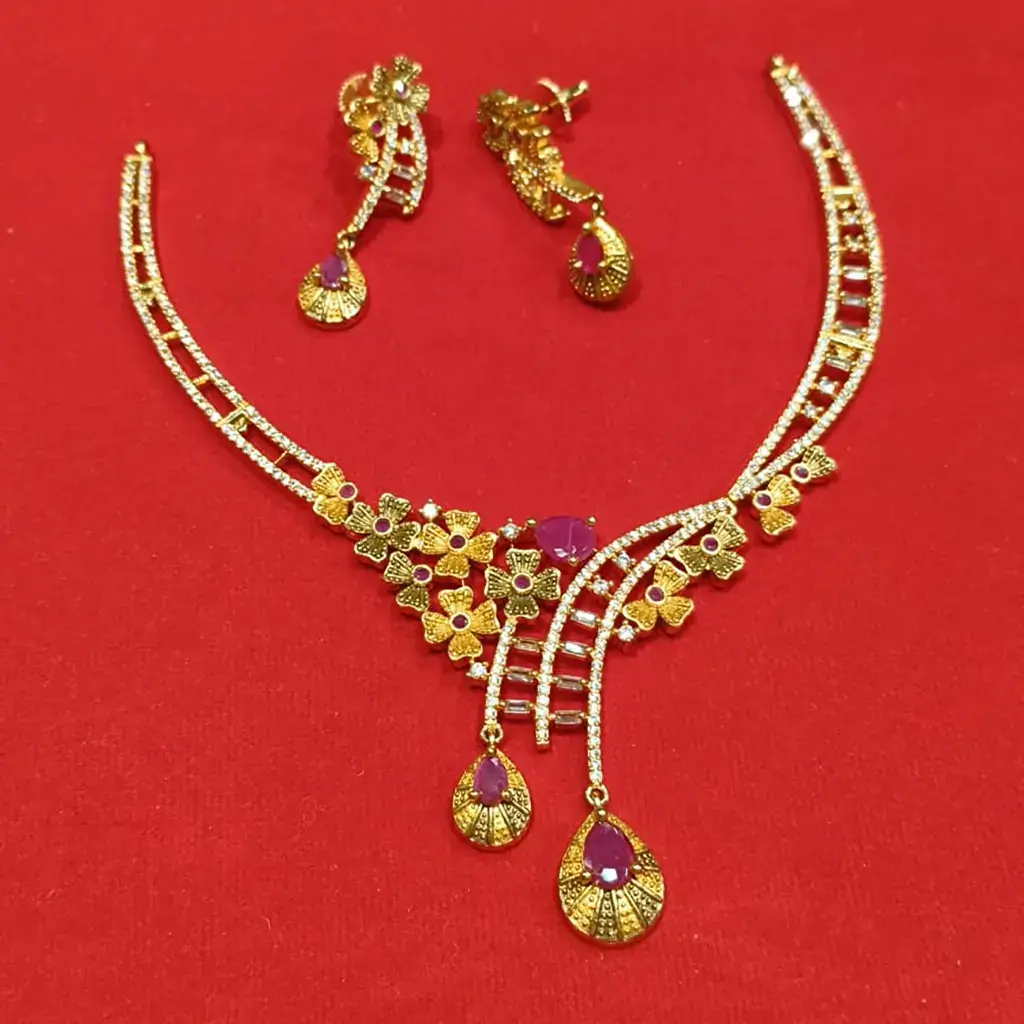 Elegant Bridal Necklace Earring Set with Floral Motif & Red Stones - Image 2