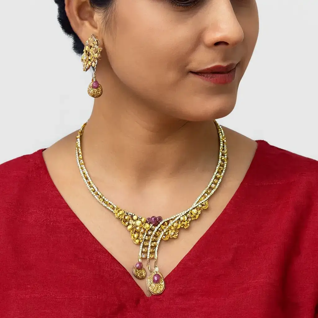 Elegant Bridal Necklace Earring Set with Floral Motif & Red Stones - Image 3