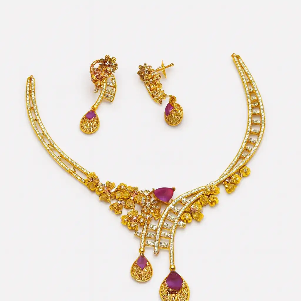 Elegant Bridal Necklace Earring Set with Floral Motif & Red Stones