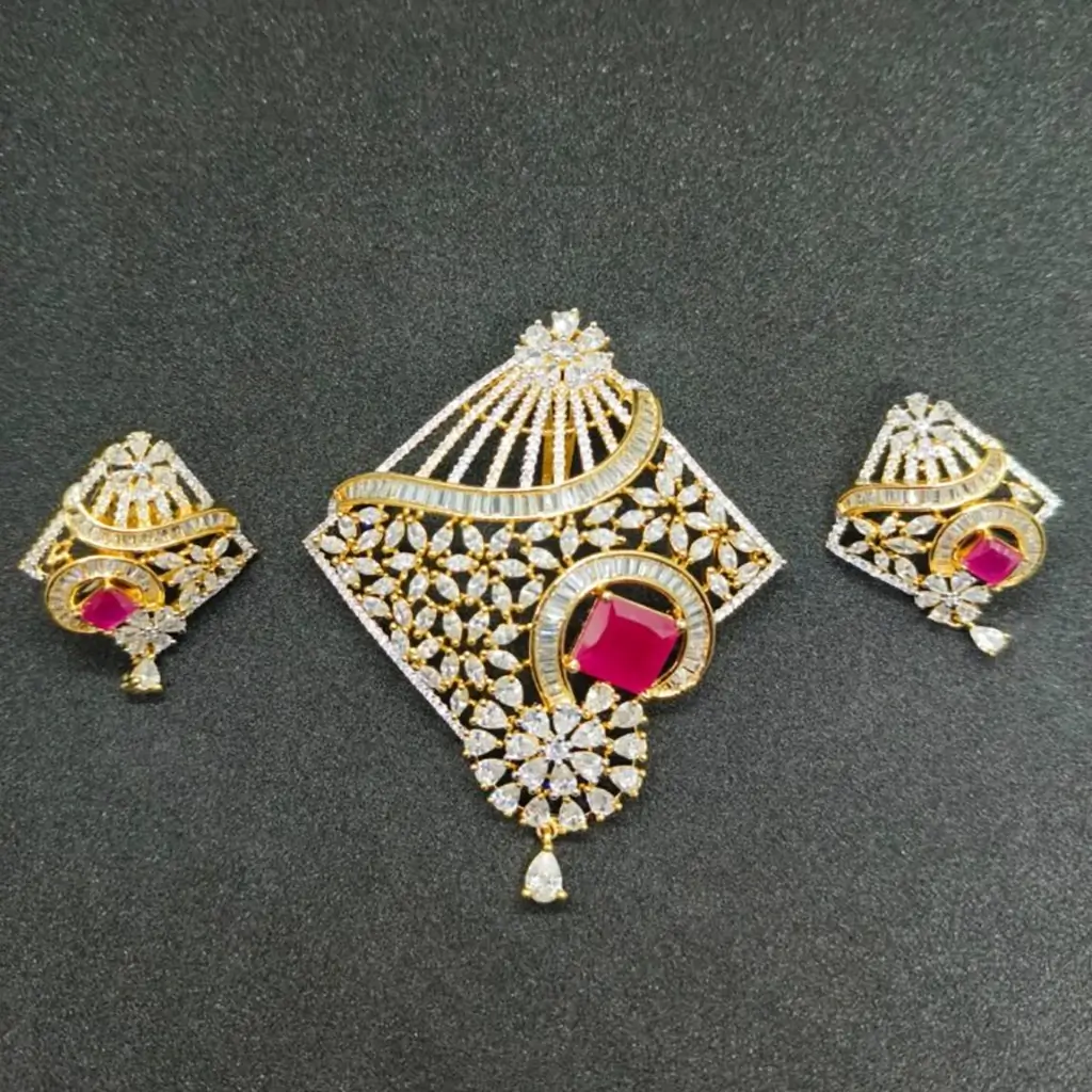 Elegant Festive Pendant Earring Set with Ruby Pink & Diamond Look - Image 2