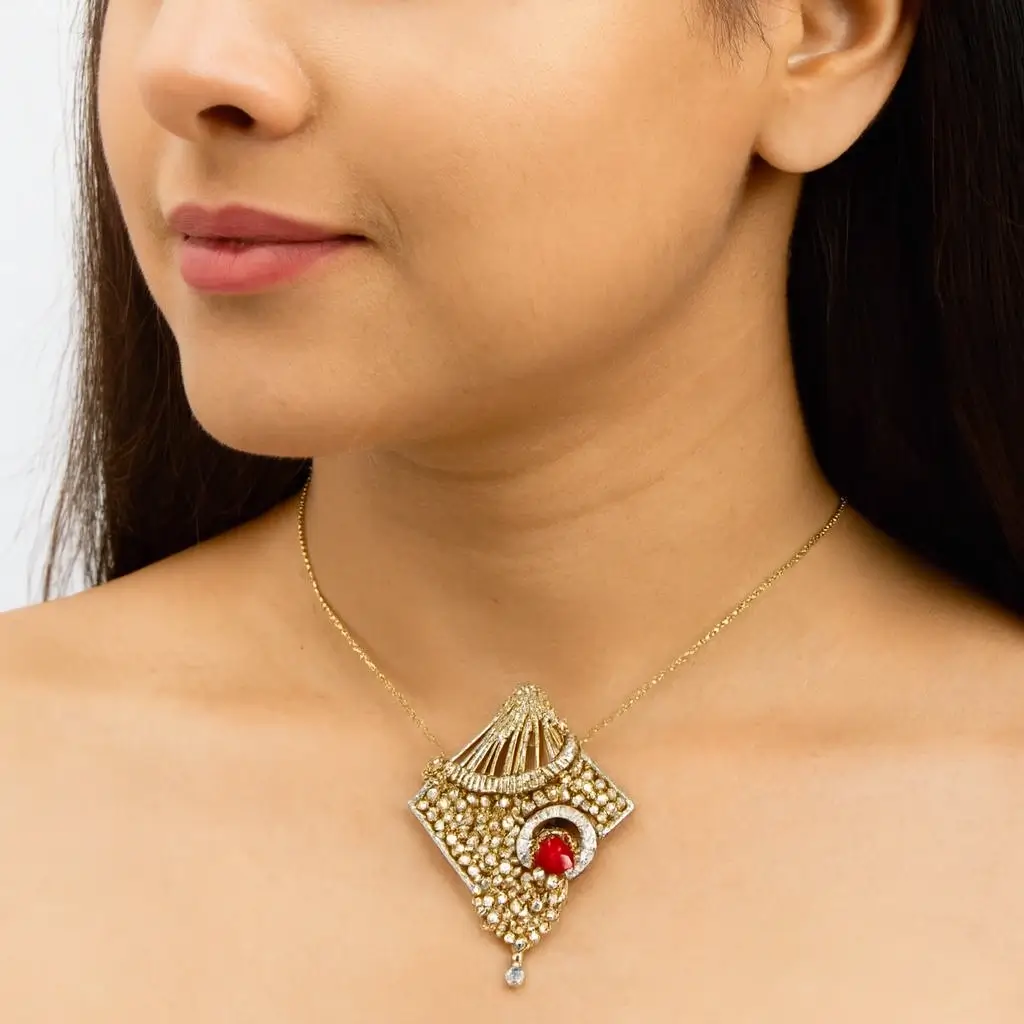 Elegant Festive Pendant Earring Set with Ruby Pink & Diamond Look - Image 3