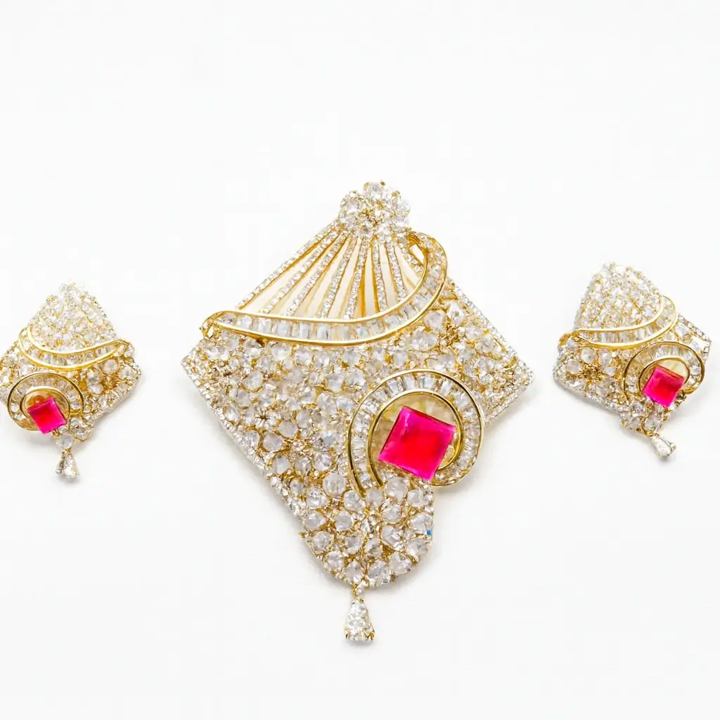 Elegant Festive Pendant Earring Set with Ruby Pink & Diamond Look