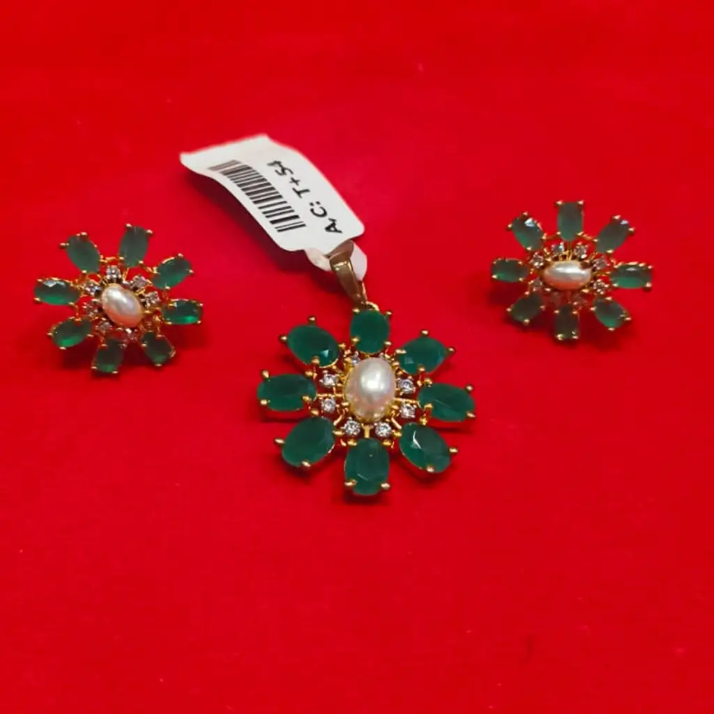 Elegant Gold-Plated Green Stone Floral Pendant & Earrings Set - Image 2
